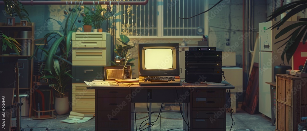Poster an empty workplace in a retro garage with random appliances. the first office of a successful comput
