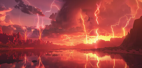 Crimson bolts of lightning arcing across the sky above a remote desert oasis, their fiery glow reflected in the tranquil waters below.
