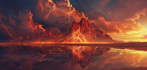 Crimson bolts of lightning arcing across the sky above a remote desert oasis, their fiery glow...