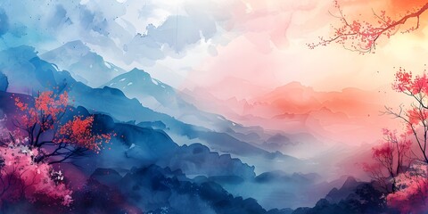 Fototapeta premium Breathtaking Watercolor Landscape Painting Depicting Misty Mountain Ranges and Vibrant Foliage in Changing Seasons