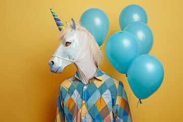 A person with a unicorn mask head holding party balloons. Surreal party background