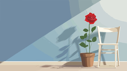 Beautiful red rose in pot on chair near color wall vector