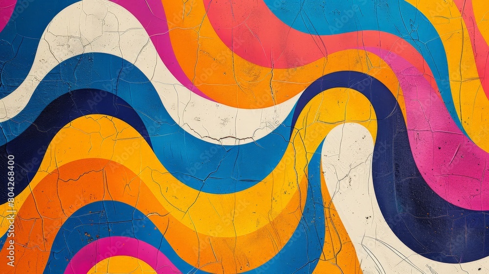 Poster A vibrant painting featuring wavy lines of various colors creating a dynamic and energetic composition