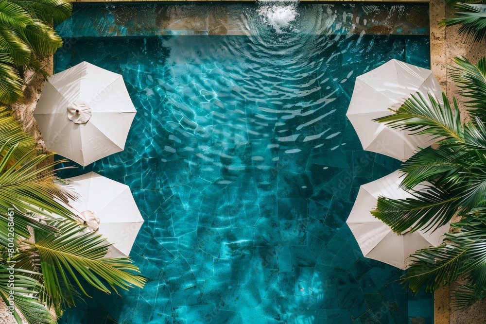 Poster A view from above showcasing a pool area with multiple umbrellas and surrounding palm trees, creating a tropical oasis