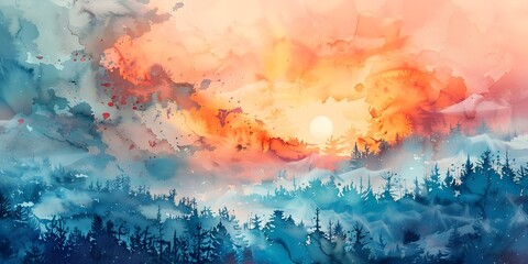 Vibrant Watercolor Landscape Painting Depicting a Dramatic Sunset or Sunrise Over a Misty Forested Scene with Glowing Atmospheric Lighting and a