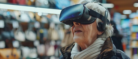 Trying out a virtual reality device in an electronics store, a woman tries on a virtual reality device and talks with a salesperson. She wants to buy a gift for a friend. She explores the latest