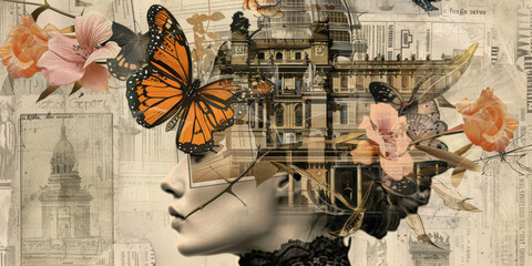 Surreal Collage Artwork Featuring Woman, Butterflies, and Vintage Architecture