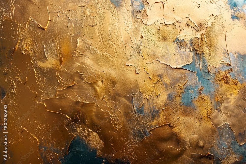 Aufkleber an abstract painting featuring bold strokes and swirls of gold and blue paint, creating a dynamic an