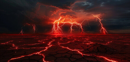 Fiery red bolts of electricity erupting from the cracked earth of a desert floor, illuminating the...