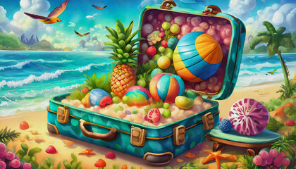 oil painting style CARTOON CHARACTER CUTE illustration of beach in travel suitcase, spring break concept, beach, summer, sea