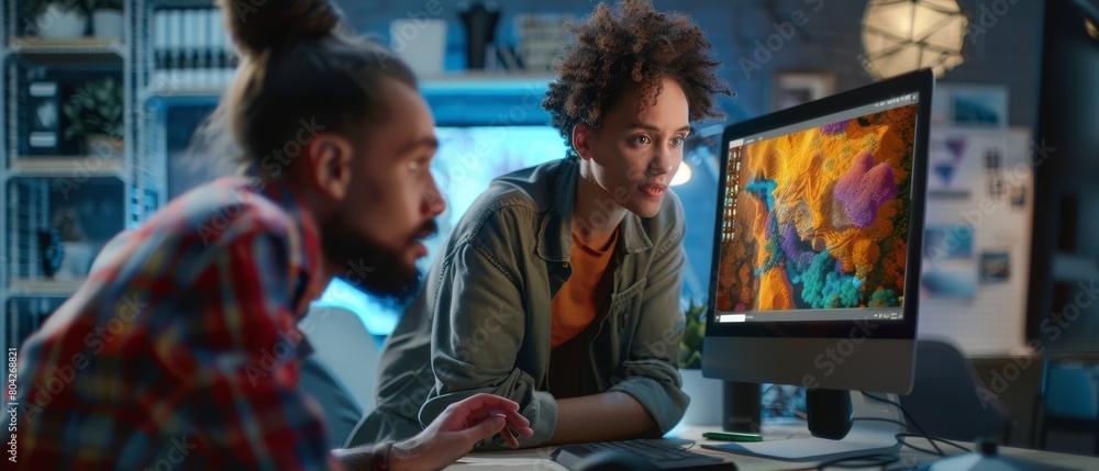 Poster using desktop computer with 3d modelling software and talking to black female project manager in an 