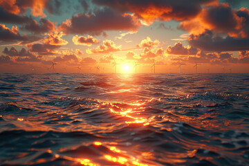 Fototapeta premium An ocean scene with offshore wind turbines harnessing the wind for power generation. AI generated.