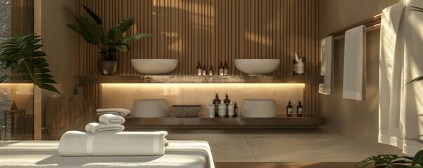 Zen spa atmosphere showcasing a minimalist design with white towels and aromatic therapy elements
