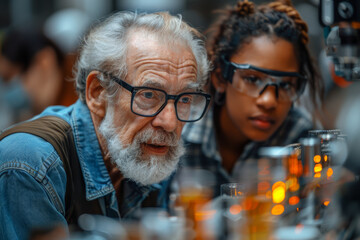 Diverse group of scientists discussing over a geothermal energy model in their laboratory. AI generated.
