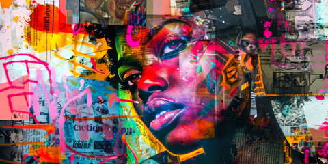 Vibrant, Colorful Urban Art Collage with Abstract Female Portrait