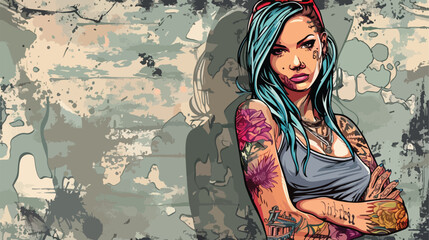 Beautiful tattooed woman near grunge wall style