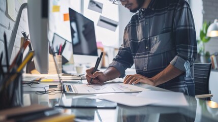 Asian graphic designer working on computer drawing sketches logo design. The concept of a new brand. Professional creative occupation with idea.