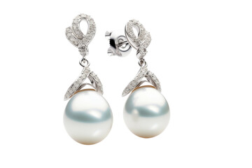 Celestial Elegance: A Dazzling Duo of Pearl and Diamond Earrings. On a White or Clear Surface PNG Transparent Background.
