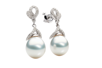 Celestial Elegance: A Dazzling Duo of Pearl and Diamond Earrings. On a White or Clear Surface PNG Transparent Background.