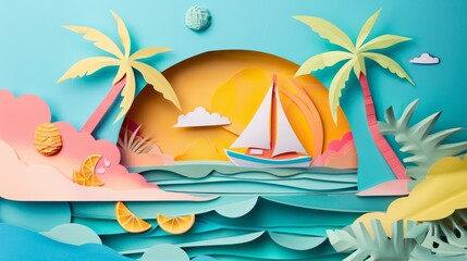 Fototapeta na wymiar Summer Vacation Unusual Trendy Bright Colors Pop Art Cut Paper Collage