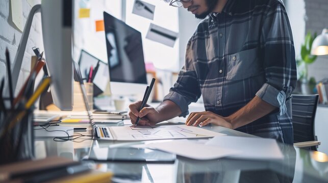 Asian graphic designer working on computer drawing sketches logo design. The concept of a new brand. Professional creative occupation with idea.