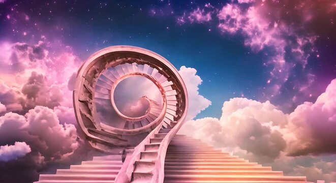 Fantasy illustration of spiral stair, way into another dimension, merging with pink and whte clouds