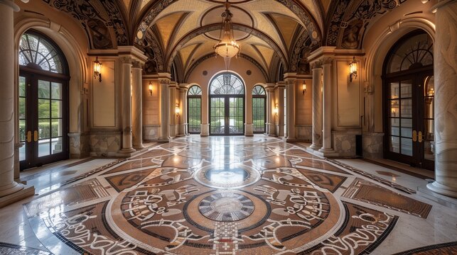 Grand entrance with a vaulted ceiling and a handcrafted mosaic floor