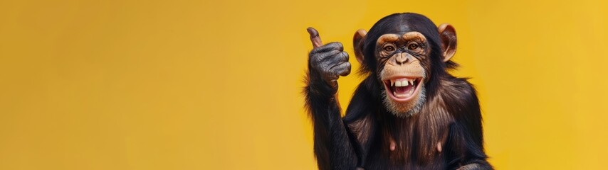 Funny wild zoo animal banner - Happy laughing monkey, chimpanzee, giving a thumbs up, paw up, isolated on yellow background