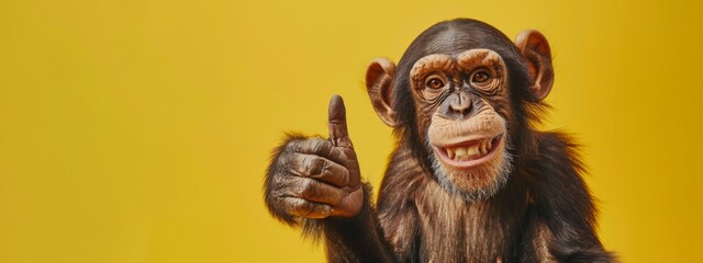 Funny wild zoo animal banner - Happy laughing monkey, chimpanzee, giving a thumbs up, paw up, isolated on yellow background