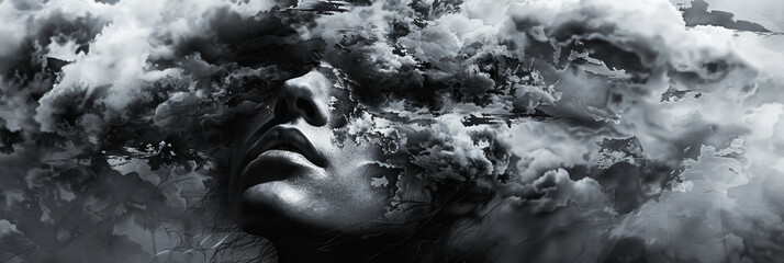 Obraz premium Surreal Monochrome Portrait of Woman with Clouds Merging into Face
