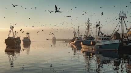 Obraz premium A tranquil harbor at dawn, with fishing boats anchored along the quay and seagulls circling overhead in the soft light of morning