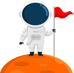 Cute Astronaut Cartoon Character Standing On A Planet And Holding Flag. Vector Illustration Flat Design Isolated On Transparent Background