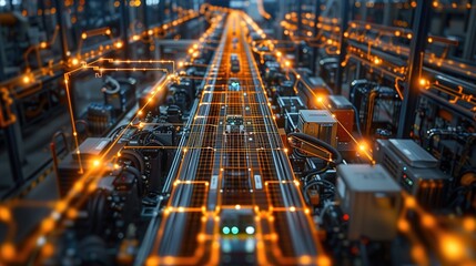 Graphic overlays illustrate the interconnected network of machinery, showcasing the seamless integration of technology within the manufacturing environment