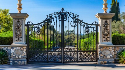 Majestic entrance gate to a luxury estate with intricate ironwork and stone pillars