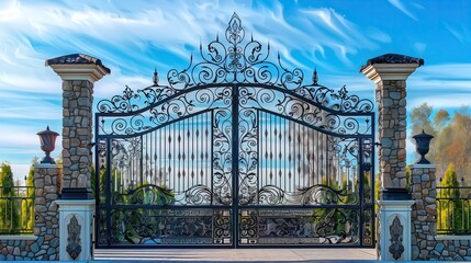 Majestic entrance gate to a luxury estate with intricate ironwork and stone pillars