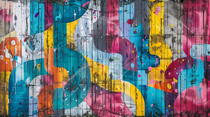 A vibrant, seamless pattern of colorful graffiti art layered on a weathered concrete wall,...