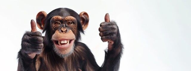Funny animal banner - Happy laughing monkey, chimpanzee, giving a thumbs up, paw up, isolated on white background