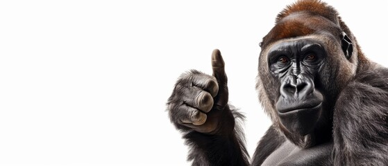 Funny wild animal zoo banner - Gorilla giving a thumbs up, paw up, isolated on white background