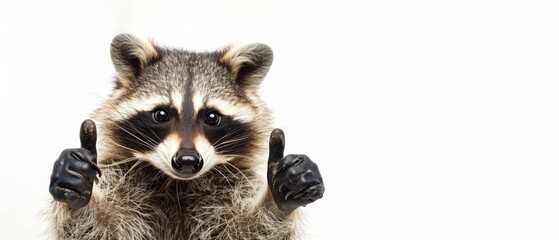 Funny animal banner - Happy smiling racoon, raccoon, giving a thumbs up, paw up, isolated on white...