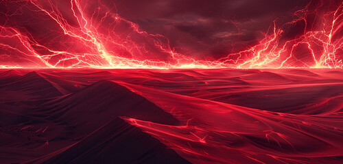 Vivid arcs of red electricity crackling across the desert sky, casting a surreal glow on the...