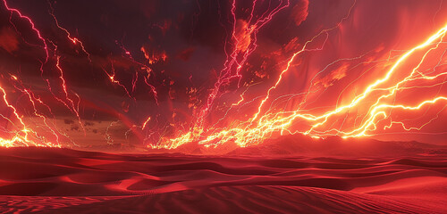 Vivid arcs of red electricity crackling across the desert sky, casting a mesmerizing glow on the...
