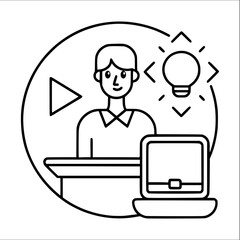 Young male professional brainstorming with a light bulb and play icon displayed, symbolizing creative ideas and video content development