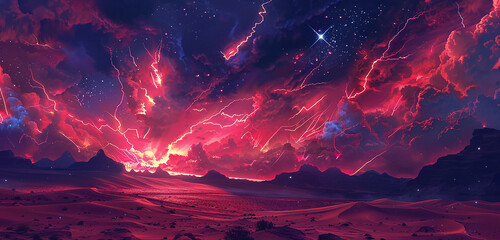 Vivid crimson arcs of electricity dancing across the sky above a windswept desert, painting the...