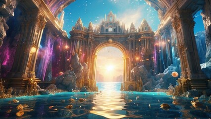 Amazing underwater hidden city Atlantis with portals and columns, gods realm, fantasy background