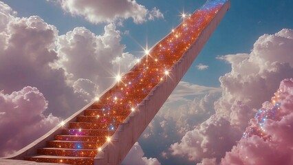 Fantasy landscape illustration with stairs made of shining crystals, leading into angelical realm, merging with white and pink clouds, representing the journey to unknown worlds