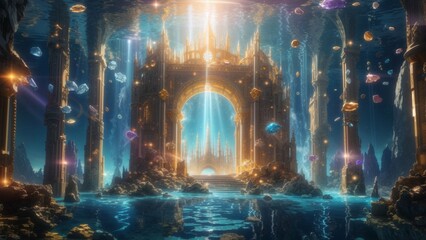 Amazing underwater hidden city Atlantis with portals and columns, gods realm, fantasy background