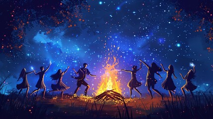 Cartoon illustration of many people dancing and jumping around bofire celebrating