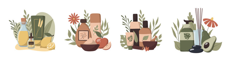 Set of vector flat hand drawn compositions with organic skincare products
