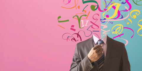 Businessman with Colorful Abstract Numbers and Symbols Thinking Concept