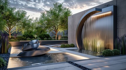 Modern entrance with a smart irrigation system and a sculptural water feature